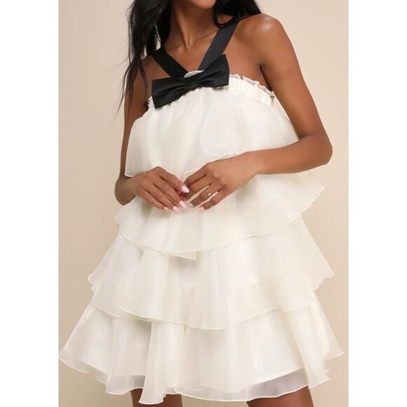 LULU'S XL Deluxe Vision Ivory and Black Tiered Bow Shift Mini Dress NWT B148 - Picture 1 of 8